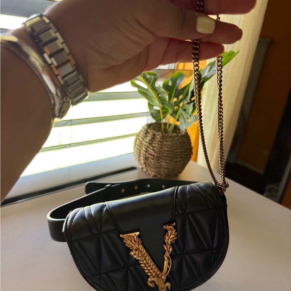 Versace Black Crossbody Bag with Gold V Accent